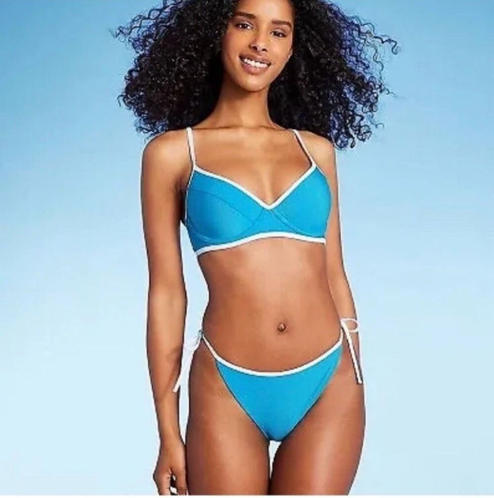 Shade & Shore Blue Ribbed Contrast Binding High Leg Cheeky Bikini Sz L Bottom